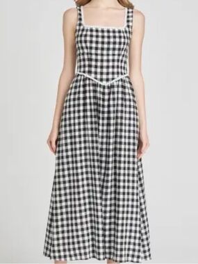 Wayf Black and White Gingham Square-Neck Midi Dress